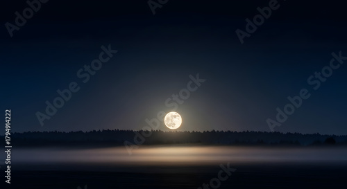 Serene Night Landscape with Full Moon and Misty Horizon