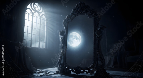 Enchanting Mirror Reflects Moonlight in an Eerie Atmosphere