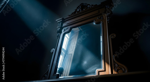 Elegant Antique Mirror Reflecting Soft Light in Dim Room