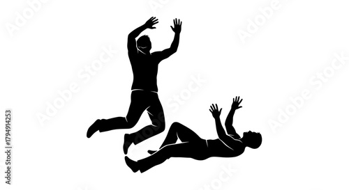 Silhouettes of two men, one jumping and one fallen, on a white background.