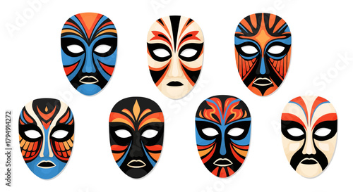 Collection of Colorful Tribal Masks with Intricate Patterns and Expressive Features.