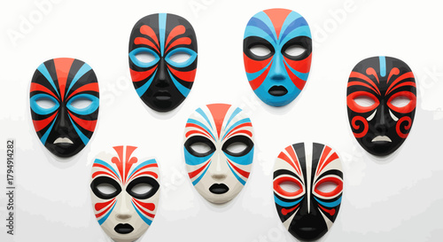 Collection of Colorful Ornate Tribal Masks Displayed Together.