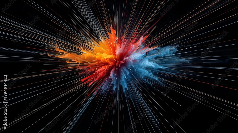 Obraz premium Vivid abstract explosion of colorful light and energy on dark background symbolizing creativity, speed, power, and futuristic motion, vibrant digital wallpaper with dynamic visual depth