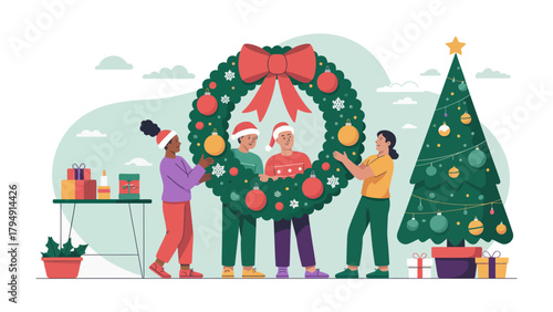 Holiday Cheer & Festive Assembly: A cheerful group of individuals joyfully prepares for the holidays, arranging a decorative wreath, capturing the spirit of togetherness and celebration.