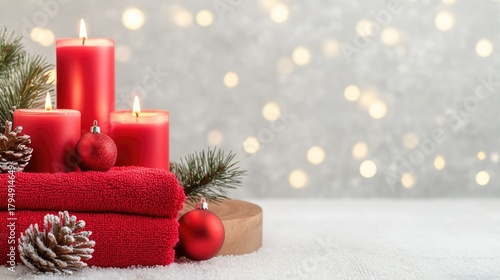 This serene spa setting features plush red towels and glowing candles, accented by pine branches and ornaments, all set against a snowy background ideal for holiday relaxation