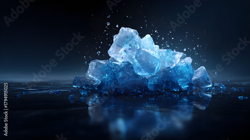 Blue crystal splash with ice-like texture on dark sleek background