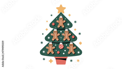 Festive Tree: A charming decorated Christmas tree adorned with gingerbread figures, and ornaments with star, symbol of holiday season.