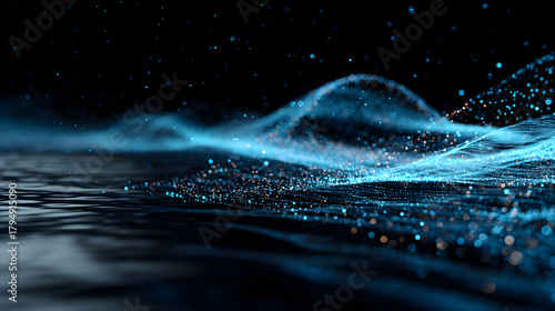 Fototapeta Naklejka Na Ścianę i Meble -  Blue digital ripple wave with floating particles
