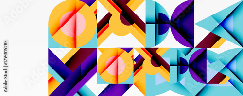 Abstract geometric pattern. Vivid colors intersect, creating dynamic visual texture. Shapes overlap, forming complex composition.