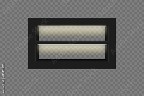 Black bookshelf with built-in lighting, modern design for books and presentations on a transparent background. Isolated light. Vector illustration.