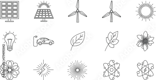 Eco energy icon set featuring solar panels, wind turbines, electric car, light bulb, leaves, sun and nature symbols for sustainability projects