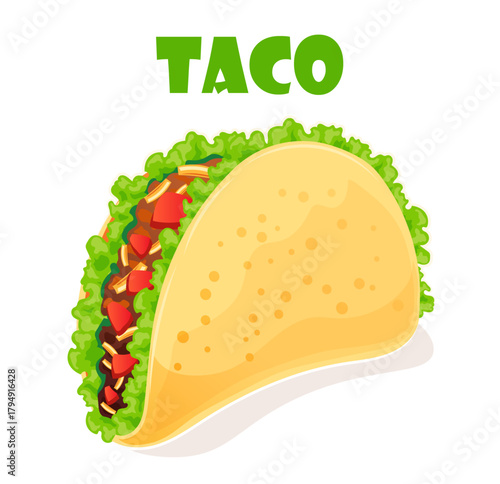 Taco with Lettuce and Meat Illustration. fresh, healthy breakfast and dinner sandwiches with cheese and vegetables.