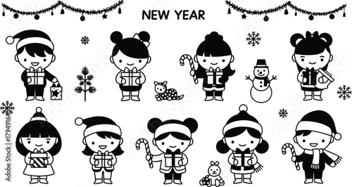 Cute New Year children with gifts, candy canes, toys, snowflakes, garlands, snowman and festive holiday celebration decorative illustration
