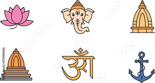 Colorful Hindu spiritual icons featuring lotus flower, Ganesha head, Om symbol, temple illustrations and nautical anchor for cultural design