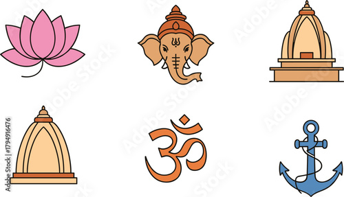 Colorful Hindu spiritual icons with lotus flower, Ganesha face, Om symbol, temple designs and nautical anchor for cultural artwork