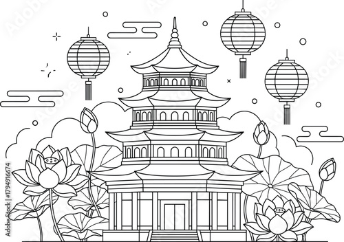 Traditional Asian pagoda with hanging lanterns, lotus flowers and clouds in detailed line art style for cultural architecture and festival design