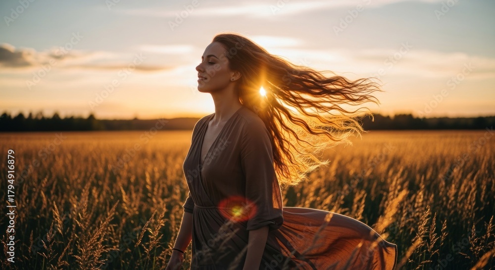 Obraz premium Woman enjoying sunset in a golden field with flowing hair and sunlight