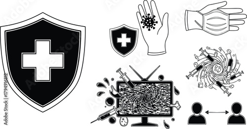 Medical protection icons including shield, gloves, mask, syringes, virus symbols, distance signs and healthcare safety elements in black and white illustration