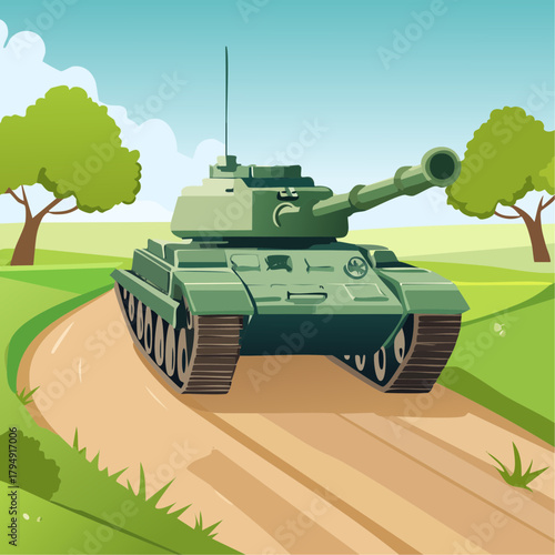 Military tank on a muddy road