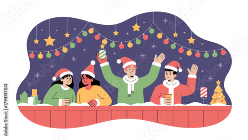 Festive Gathering: A group of friends celebrates the holiday season at a festive gathering.