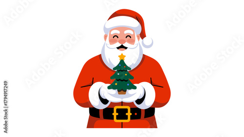 Santa Claus with Christmas Tree: A festive illustration of Santa Claus, beaming with joy, cradling a miniature Christmas tree, evoking the spirit of the holiday season and the joy of giving.