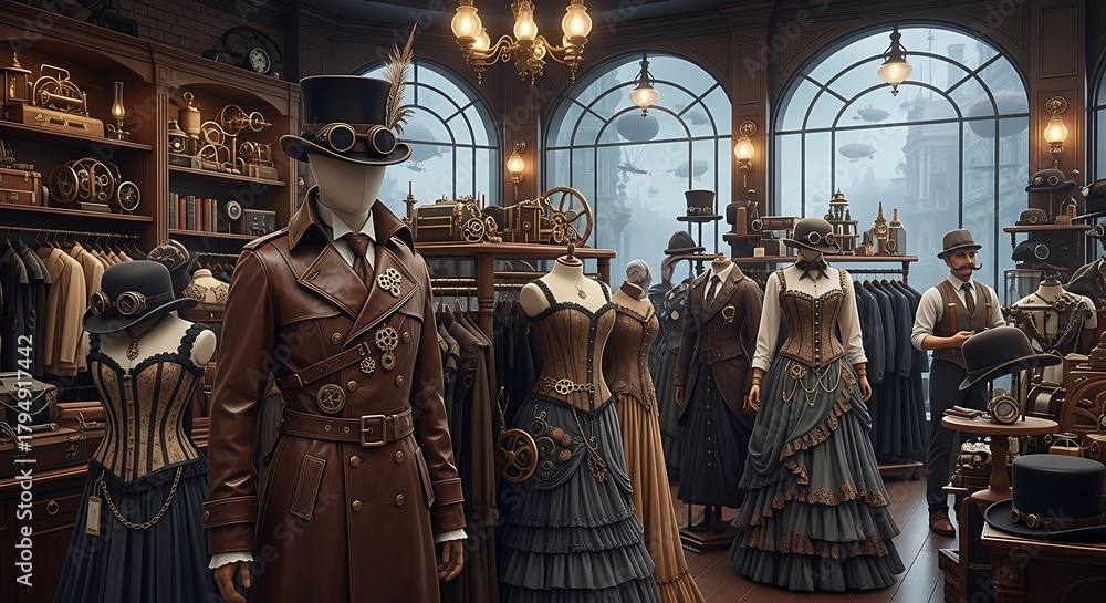 Naklejka premium Steampunk Fashion Boutique with Mannequins Displaying Victorian-Inspired Attire and Accessories.