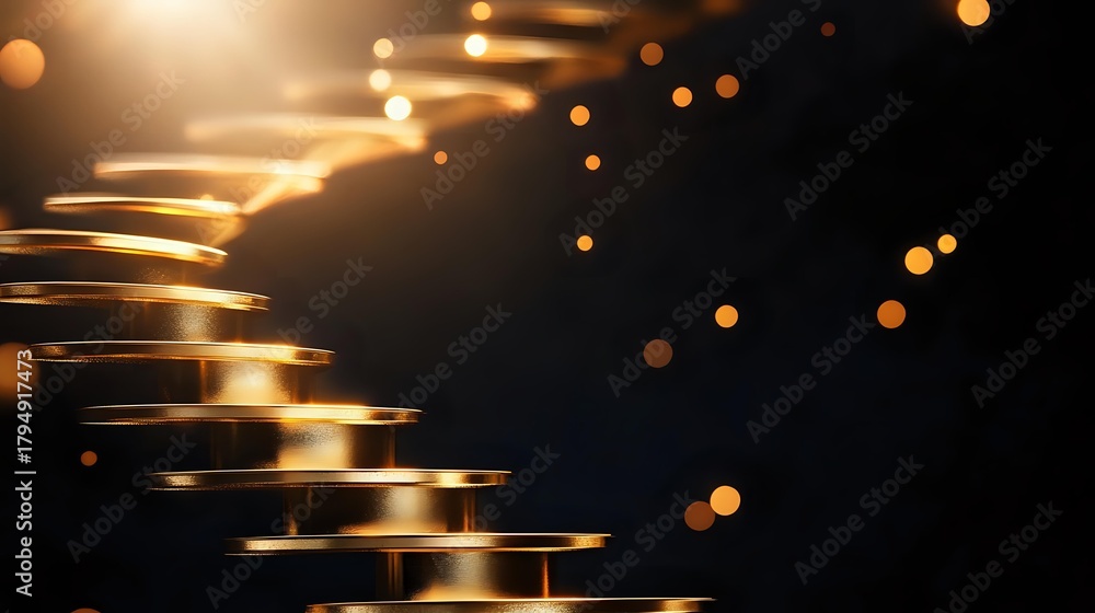 Naklejka premium Golden spiral staircase of light with glowing particles against dark background, creating magical atmosphere for fantasy or spiritual concepts.
