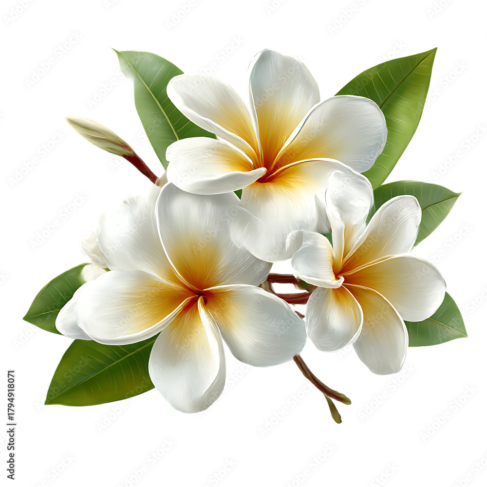 Fototapeta premium White plumeria flowers with green leaves isolated on transparent background