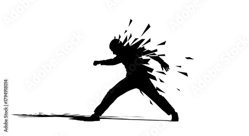 Silhouette of a person dissolving into abstract ink splatters, representing disintegration or impact.