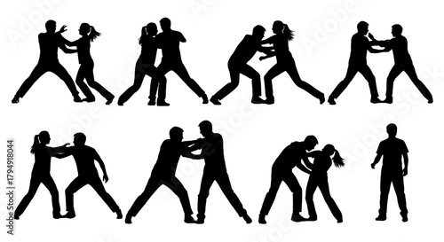 Silhouettes of people engaged in various forms of physical altercation.