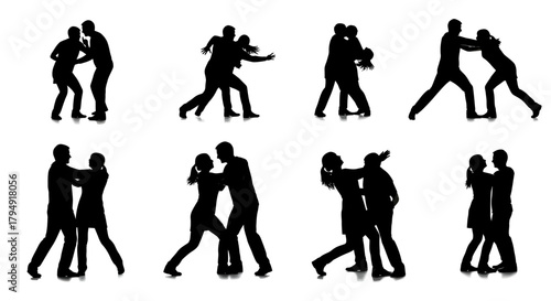 Silhouettes of people fighting in various poses.