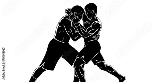 Two male boxers engaged in a close combat stance during a fight.