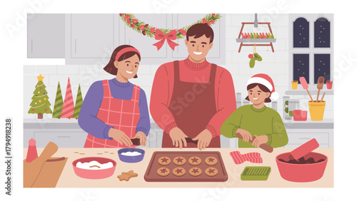 Christmas Baking: A heartwarming scene unfolds in a cozy kitchen, a family united in the joyous tradition of baking Christmas cookies, capturing the essence of togetherness and festive cheer.