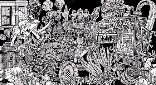 Intricate Black and White Doodle Art with Abstract Elements.