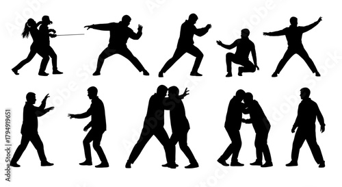 Dynamic Silhouettes of People Engaged in Various Martial Arts and Combat Activities.