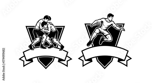 Dynamic Sports Emblems Featuring Wrestlers and Soccer Player.