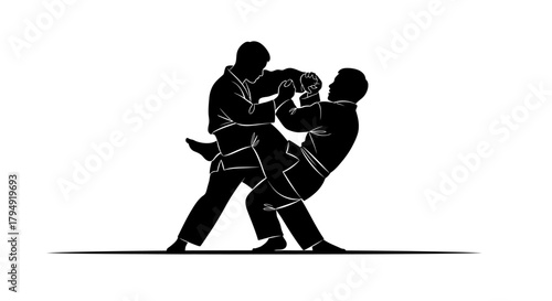 Dynamic Silhouettes of Two Martial Arts Fighters Engaged in Combat.