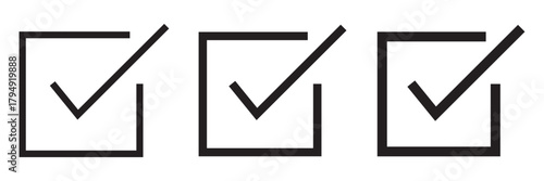Check mark in box square frame. Checkbox icon. Check, check mark vector icon. Tick icon. Check box icon with correct, accept checkmark icons tick box, check list circle frame - checkbox symbol sign. 