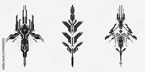 Futuristic cyberpunk tech element set. Sci-Fi interface. Abstract circuit design. HUD graphic illustration.