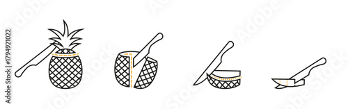 Step-by-step black and white illustration showing how to cut a pineapple, ideal for culinary guides, recipes, or educational materials.