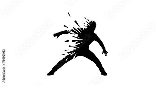 Silhouette of a person shattering into fragments, representing disintegration and emotional breakdown.