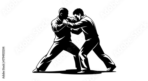 Two men engaged in a wrestling match, showcasing strength and combat.