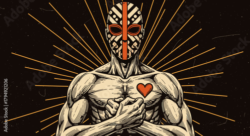 Stylized Humanoid Figure with Intricate Mask and Glowing Heart.