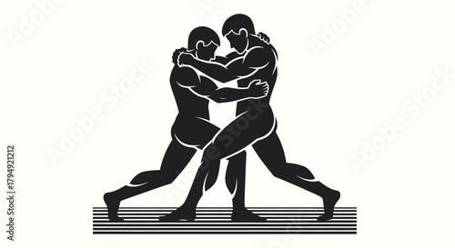 Two male wrestlers engaged in a grappling match in a stylized illustration.