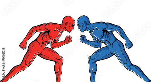 Two muscular figures in red and blue poised for confrontation.