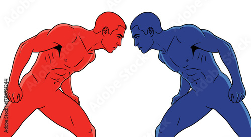 Two muscular men in red and blue facing each other in a confrontational stance.