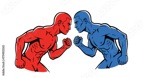 Two muscular men in red and blue facing each other ready to fight.