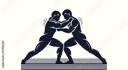 Two muscular wrestlers engaged in a grappling match, showcasing strength and competition.