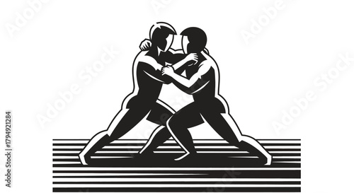 Two wrestlers grappling in a dynamic and intense pose.