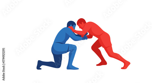 Two wrestlers in a dynamic grappling stance, showcasing strength and competition.